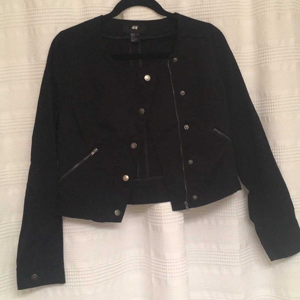 Black cotton crop moto utility jacket